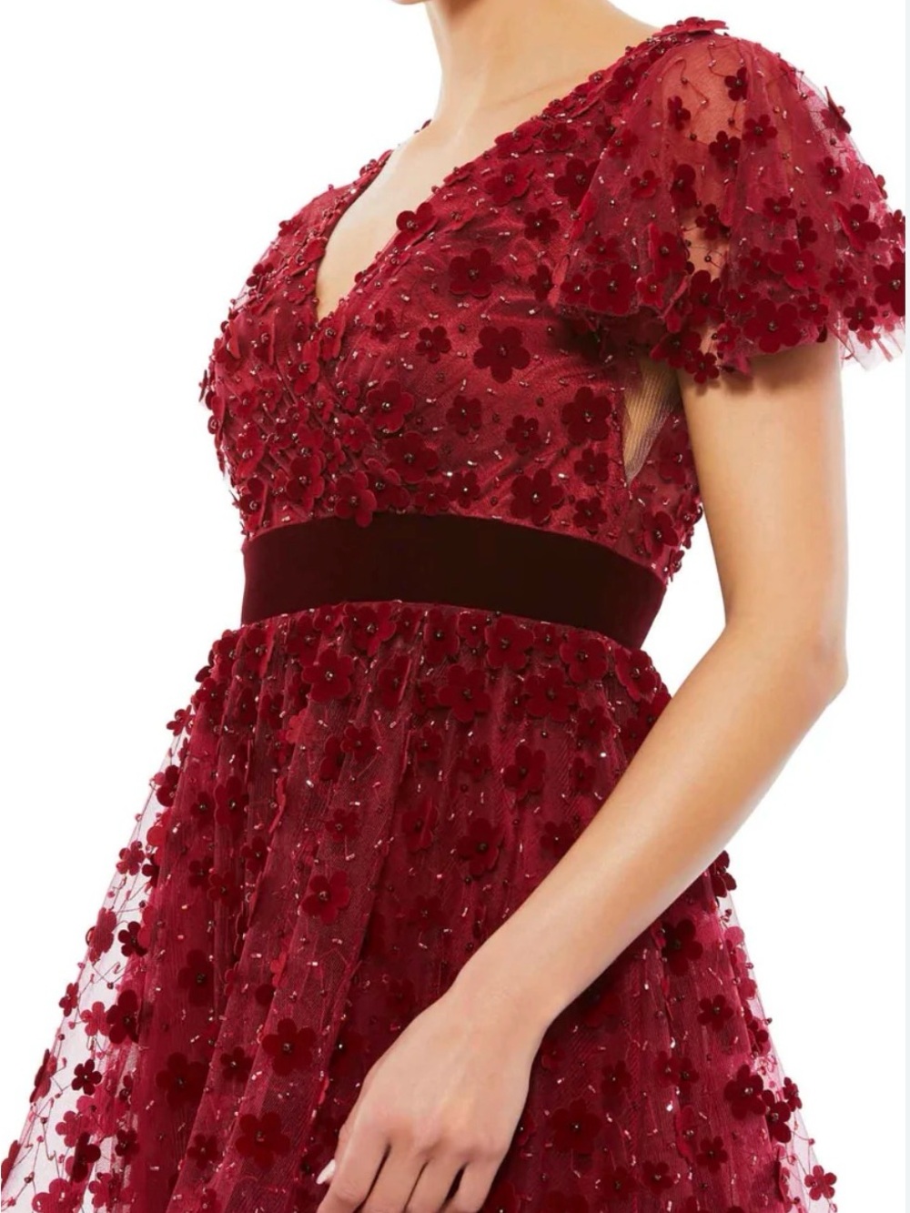 Mac Duggal 67854 Womens Velvet 3D Flower-Embellished Midi-Dress Burgundy 6= XS